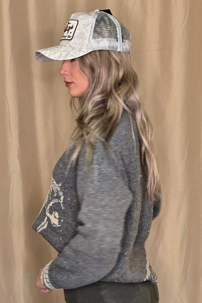 Blu Pepper Horse Jacquard Western Long Sleeve Knit Sweater — Wool Blend with Detailed Horse Pattern (charcoal medium remains)