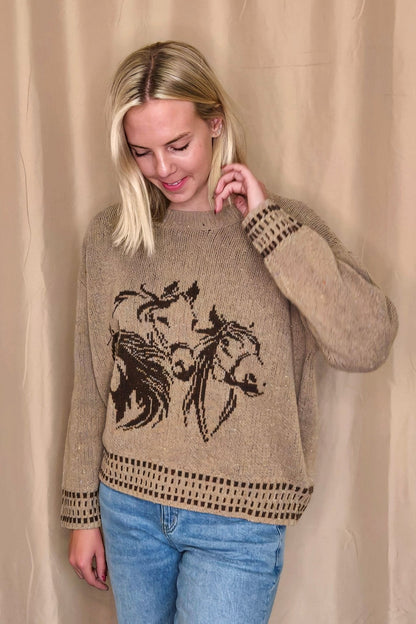 Blu Pepper Horse Jacquard Western Long Sleeve Knit Sweater — Wool Blend with Detailed Horse Pattern (charcoal medium remains)