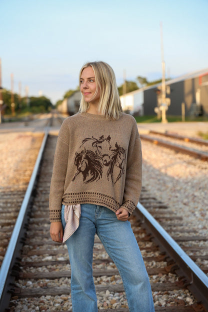 Blu Pepper Horse Jacquard Western Long Sleeve Knit Sweater — Wool Blend with Detailed Horse Pattern (charcoal medium remains)