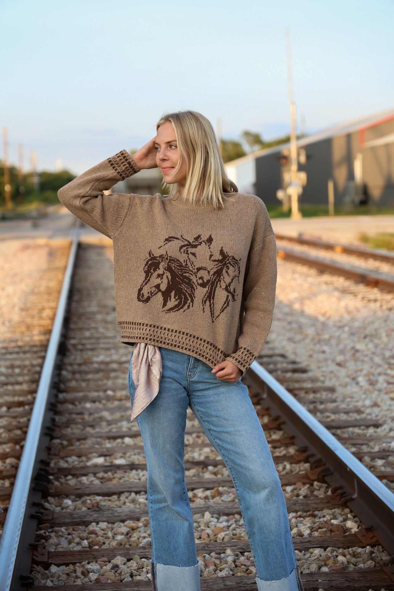 Blu Pepper Horse Jacquard Western Long Sleeve Knit Sweater — Wool Blend with Detailed Horse Pattern (charcoal medium remains)