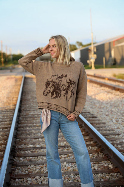 Blu Pepper Horse Jacquard Western Long Sleeve Knit Sweater — Wool Blend with Detailed Horse Pattern (charcoal medium remains)