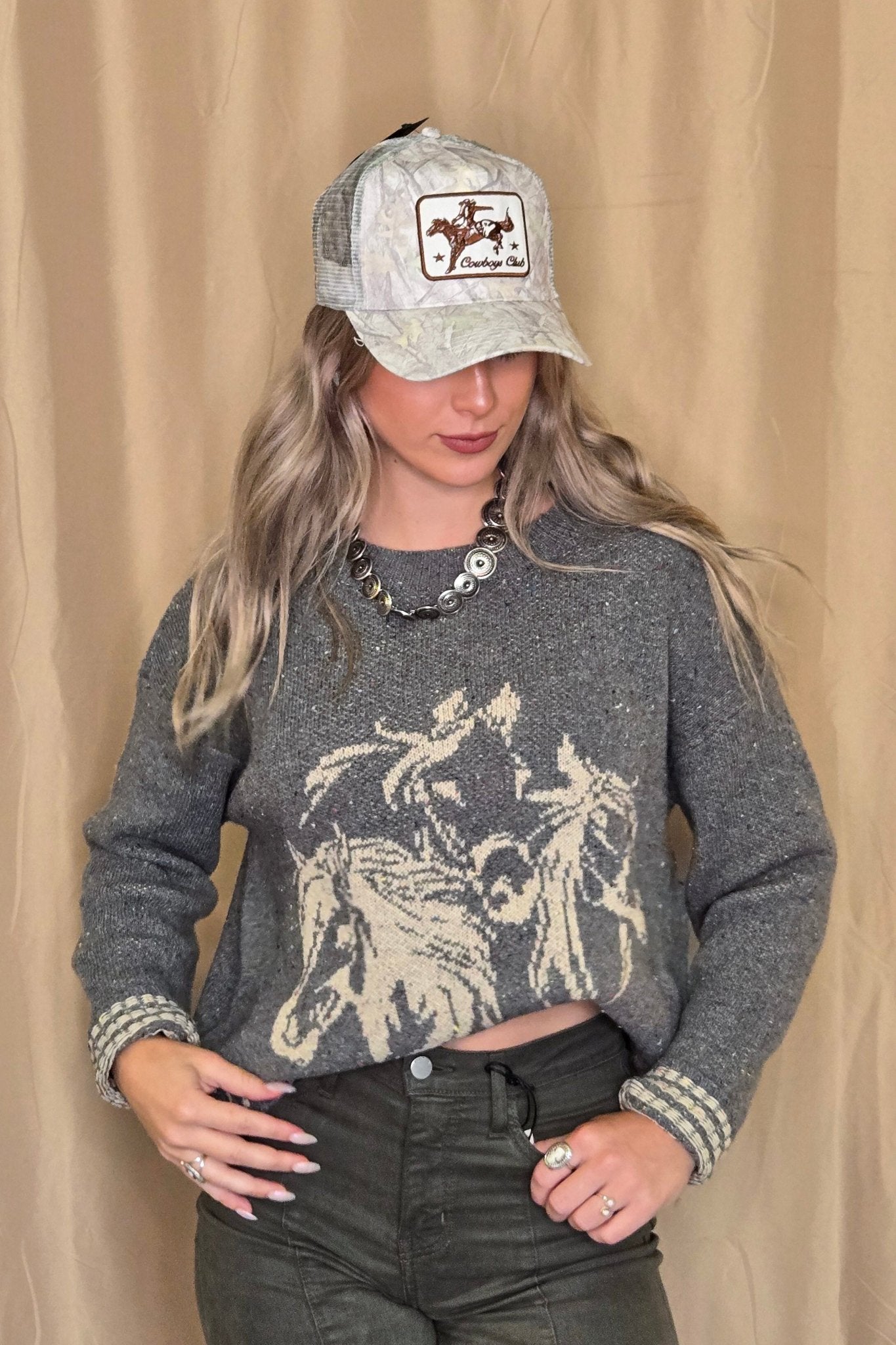 Blu Pepper Horse Jacquard Western Long Sleeve Knit Sweater — Wool Blend with Detailed Horse Pattern (charcoal medium remains)