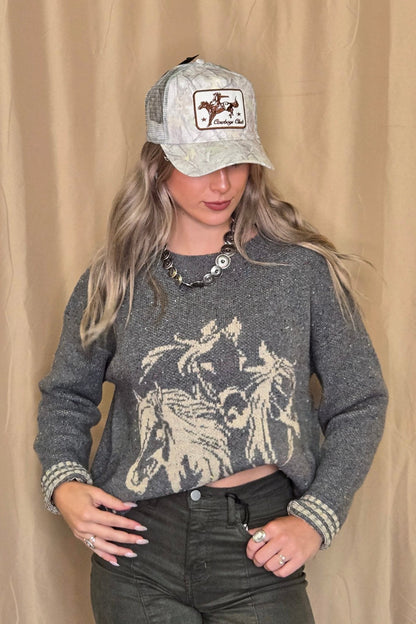 Blu Pepper Horse Jacquard Western Long Sleeve Knit Sweater — Wool Blend with Detailed Horse Pattern (charcoal medium remains)