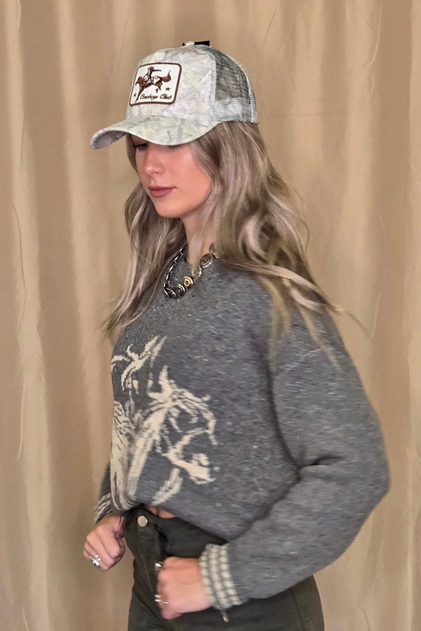 Blu Pepper Horse Jacquard Western Long Sleeve Knit Sweater — Wool Blend with Detailed Horse Pattern (charcoal medium remains)
