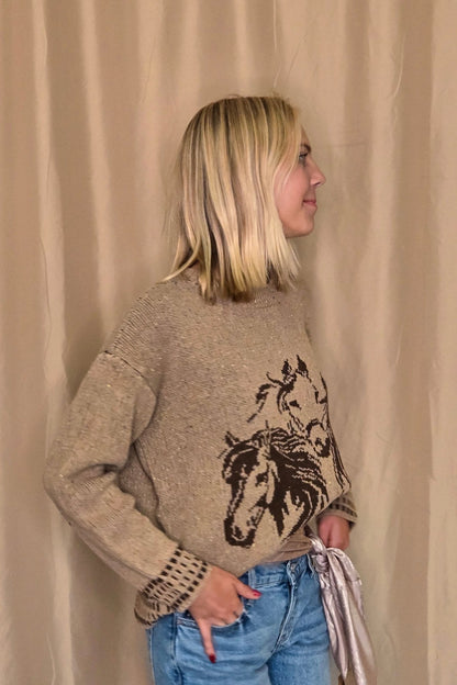 Blu Pepper Horse Jacquard Western Long Sleeve Knit Sweater — Wool Blend with Detailed Horse Pattern (charcoal medium remains)