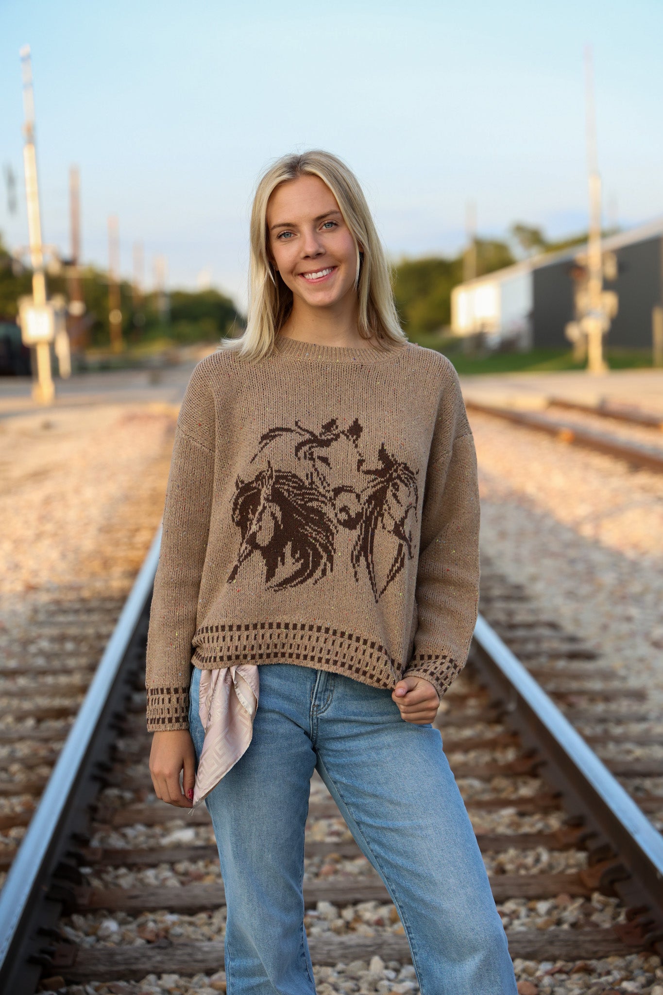 Blu Pepper Horse Jacquard Western Long Sleeve Knit Sweater — Wool Blend with Detailed Horse Pattern (charcoal medium remains)