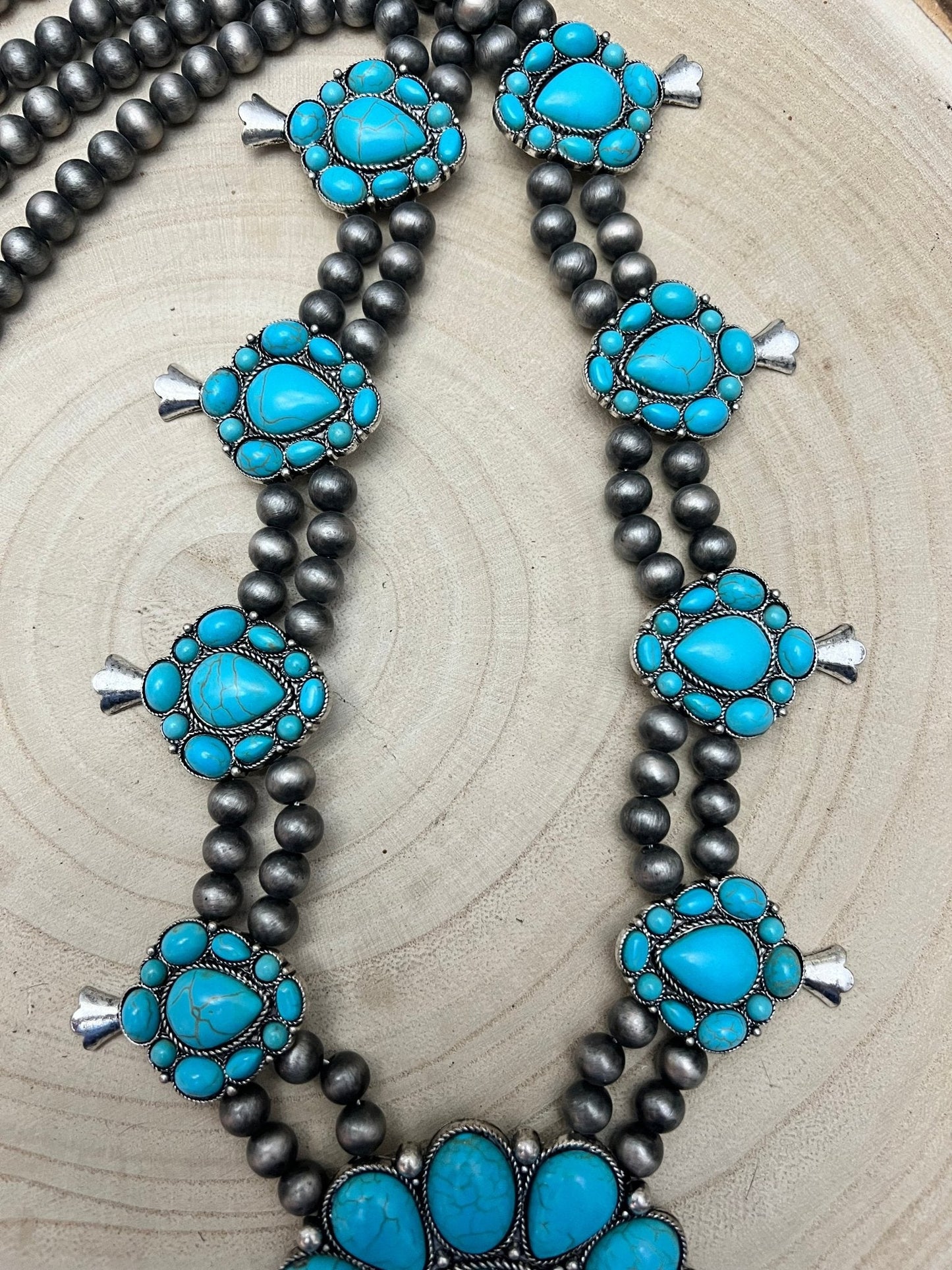 Western Huge Double-Strand Faux Turquoise Squash Blossom Statement Necklace — 32 Inch