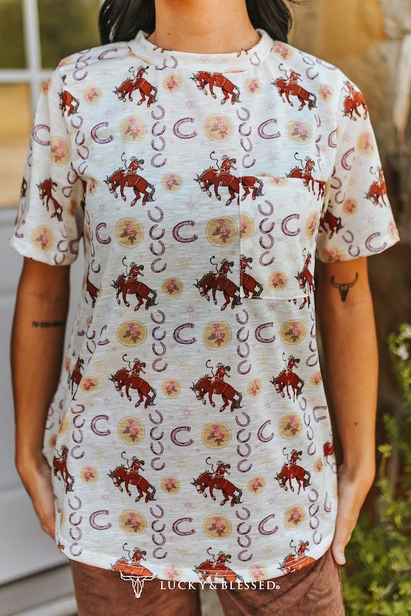 Vintage Rodeo Cowboy & Horseshoe All-Over Print Western Pocket Tee — Ivory Knit Premium Western Staple