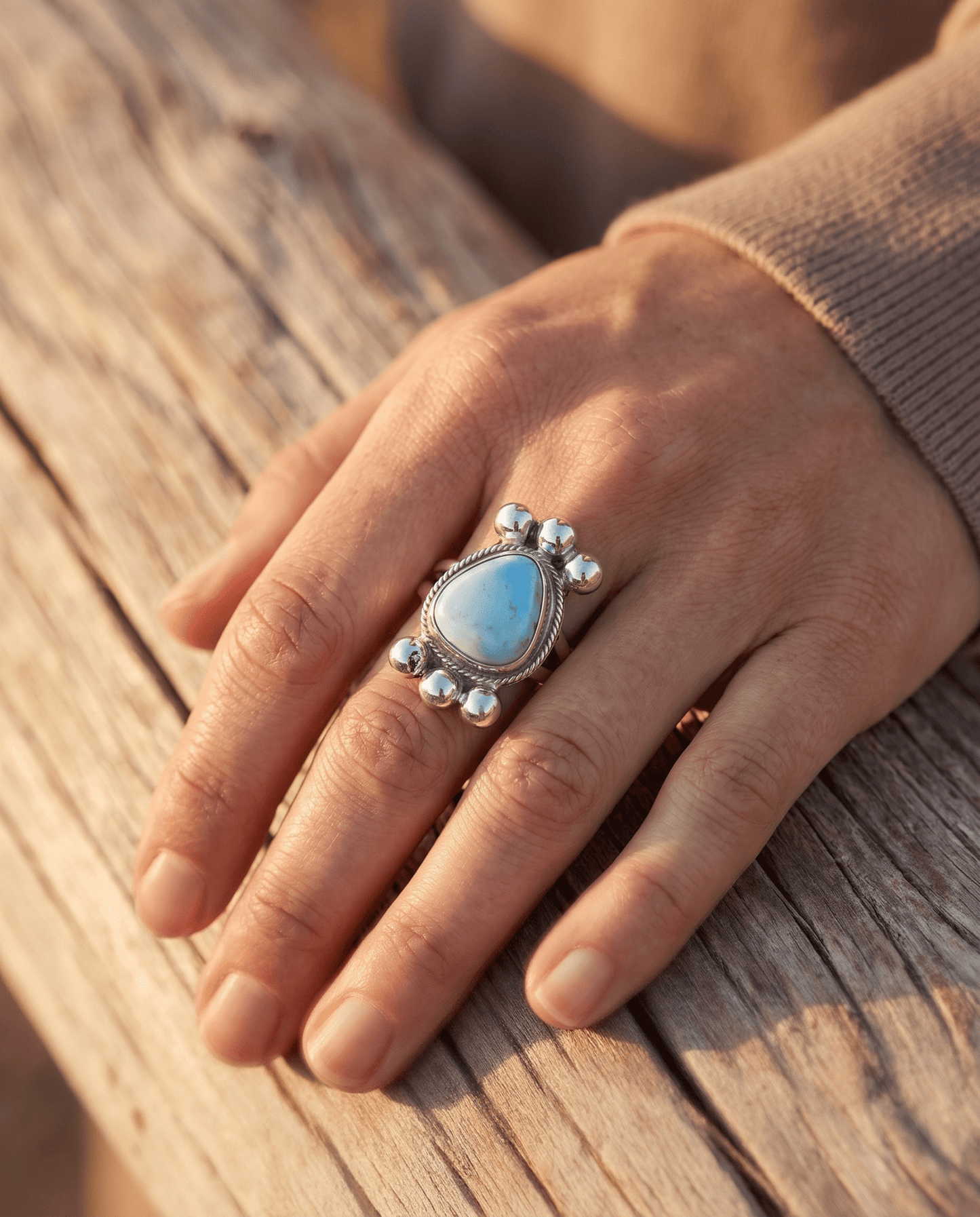 Joelias Draper Navajo Sterling Silver Ring with Golden Hills Turquoise — Adjustable (Hallmarked Draper)