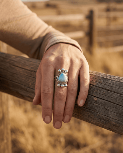 Joelias Draper Navajo Sterling Silver Ring with Golden Hills Turquoise — Adjustable (Hallmarked Draper)