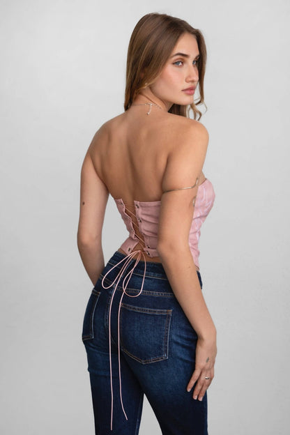 TICTOC "Jolene" Embroidered Western Corset Top — PU Vegan Leather Bandeau with Lace-Up Back (4 Colors)