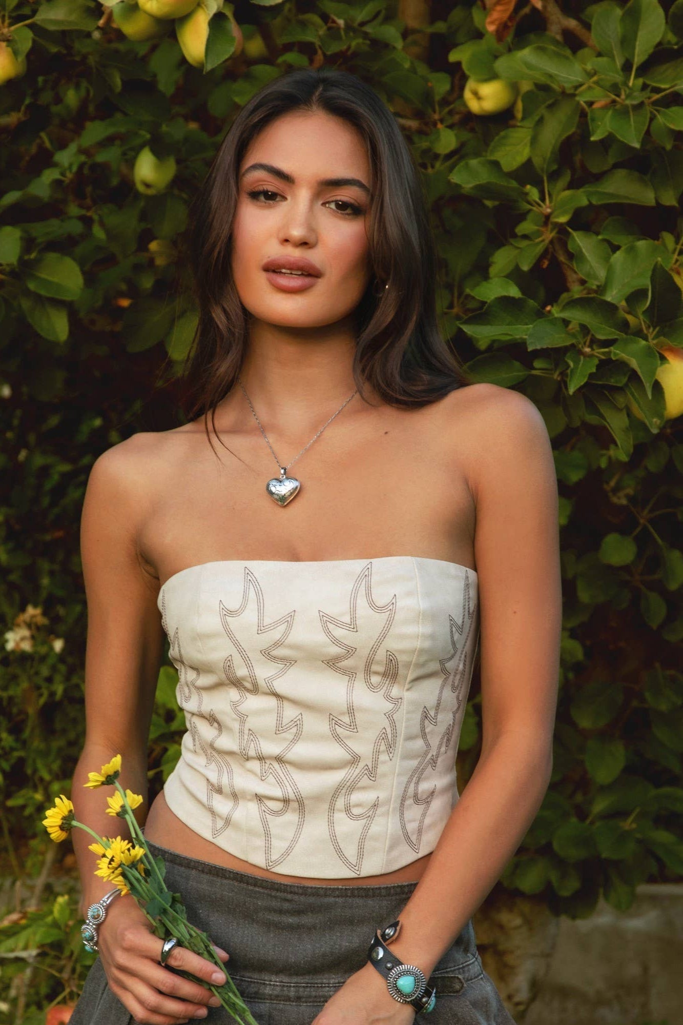 TICTOC "Jolene" Embroidered Western Corset Top — PU Vegan Leather Bandeau with Lace-Up Back (4 Colors)