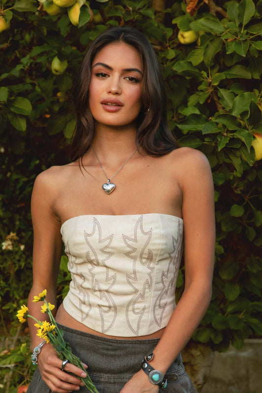 TICTOC "Jolene" Embroidered Western Corset Top — PU Vegan Leather Bandeau with Lace-Up Back (4 Colors)