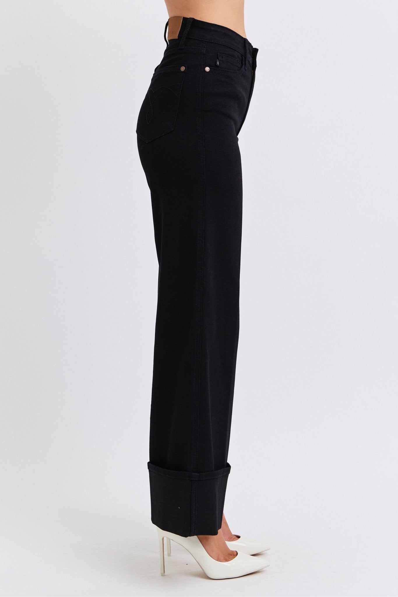 Judy Blue Black Retro Wide Cuffed-Leg Western Jean — Sleek Dark Denim, Ultra Stretch, Cuffed or Uncuffed (size 5 remains)