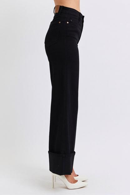 Judy Blue Black Retro Wide Cuffed-Leg Western Jean — Sleek Dark Denim, Ultra Stretch, Cuffed or Uncuffed (size 5 remains)