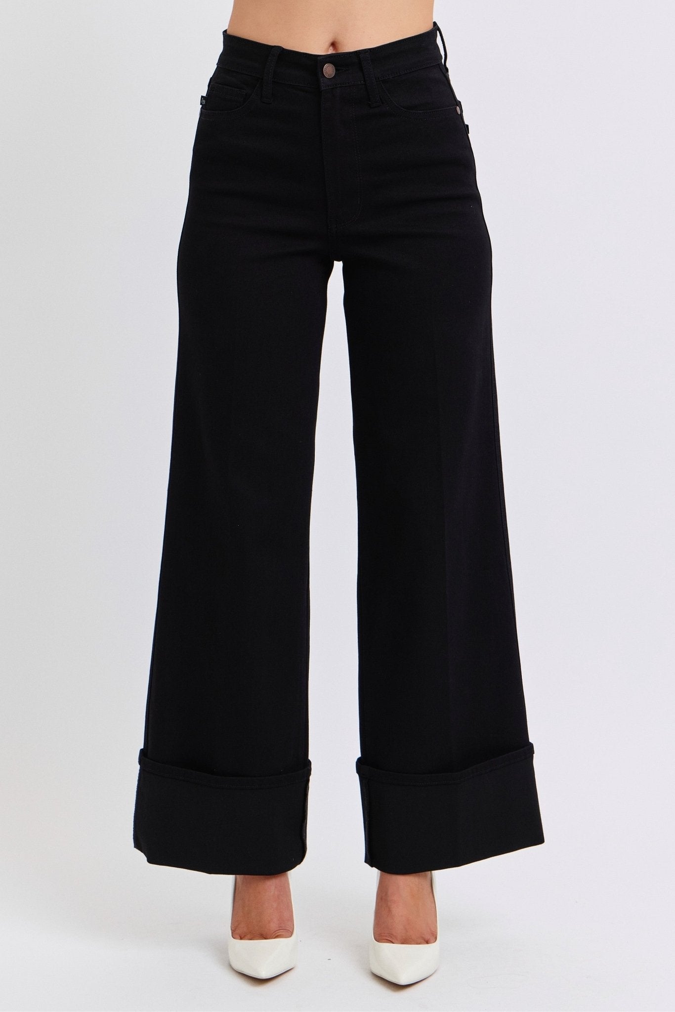 Judy Blue Black Retro Wide Cuffed-Leg Western Jean — Sleek Dark Denim, Ultra Stretch, Cuffed or Uncuffed (size 5 remains)