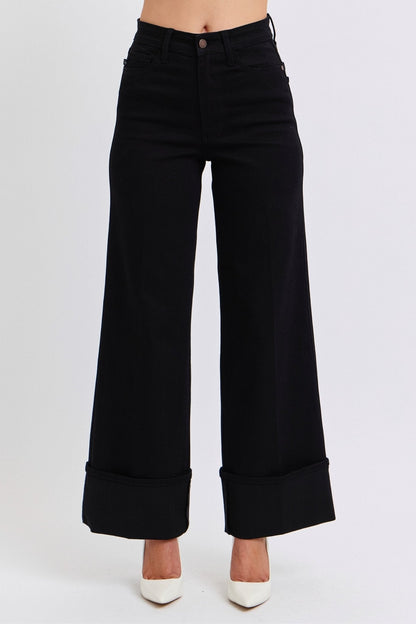 Judy Blue Black Retro Wide Cuffed-Leg Western Jean — Sleek Dark Denim, Ultra Stretch, Cuffed or Uncuffed (size 5 remains)