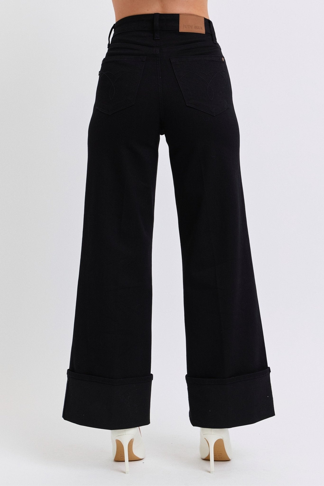 Judy Blue Black Retro Wide Cuffed-Leg Western Jean — Sleek Dark Denim, Ultra Stretch, Cuffed or Uncuffed (size 5 remains)