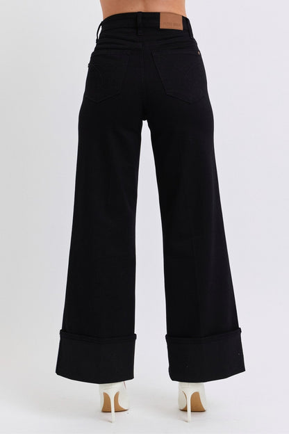 Judy Blue Black Retro Wide Cuffed-Leg Western Jean — Sleek Dark Denim, Ultra Stretch, Cuffed or Uncuffed (size 5 remains)