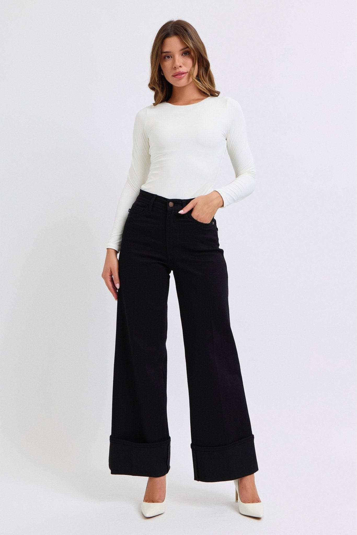 Judy Blue Black Retro Wide Cuffed-Leg Western Jean — Sleek Dark Denim, Ultra Stretch, Cuffed or Uncuffed (size 5 remains)