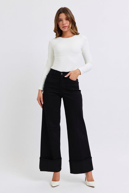 Judy Blue Black Retro Wide Cuffed-Leg Western Jean — Sleek Dark Denim, Ultra Stretch, Cuffed or Uncuffed (size 5 remains)