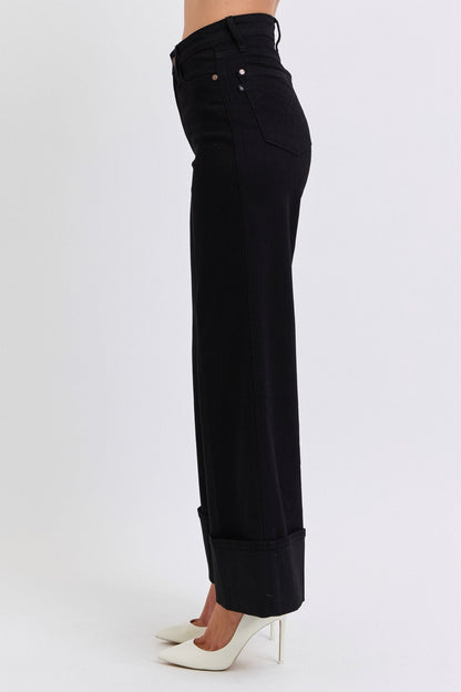 Judy Blue Black Retro Wide Cuffed-Leg Western Jean — Sleek Dark Denim, Ultra Stretch, Cuffed or Uncuffed (size 5 remains)