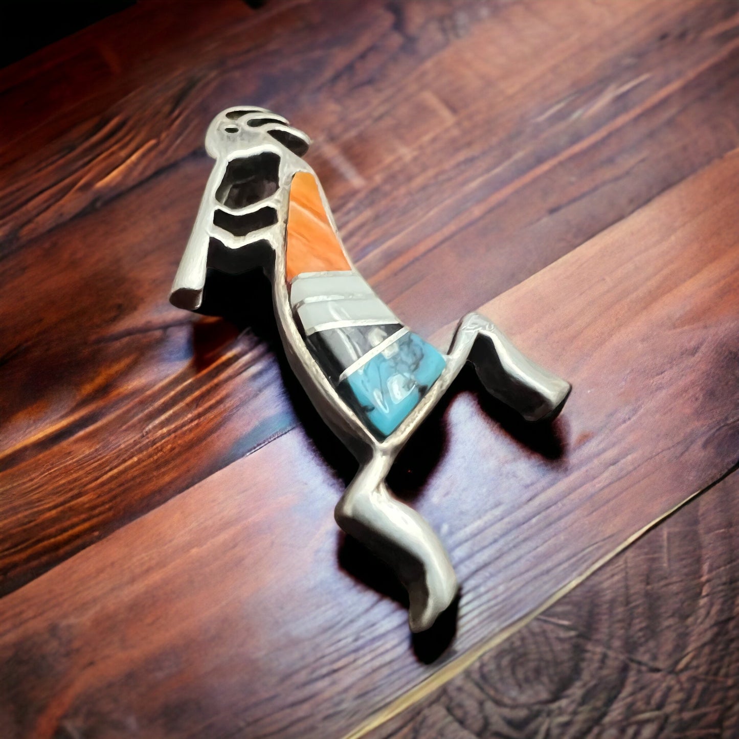 Zuni Sterling Silver Kokopelli Inlay Brooch — Signed by Artist (Clearance)