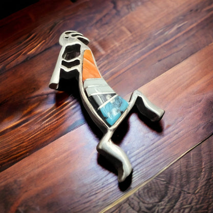 Zuni Sterling Silver Kokopelli Inlay Brooch — Signed by Artist (Clearance)