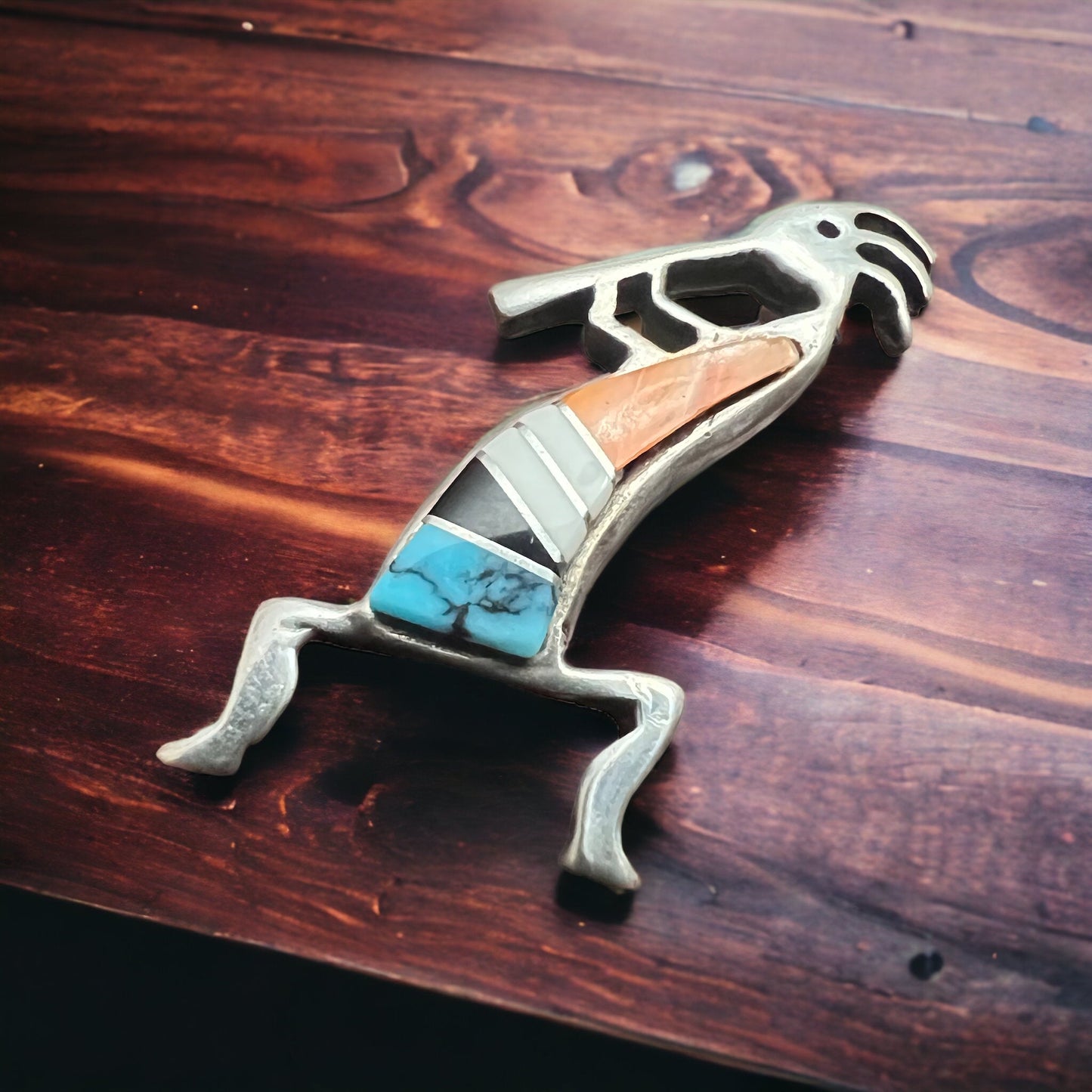 Zuni Sterling Silver Kokopelli Inlay Brooch — Signed by Artist (Clearance)