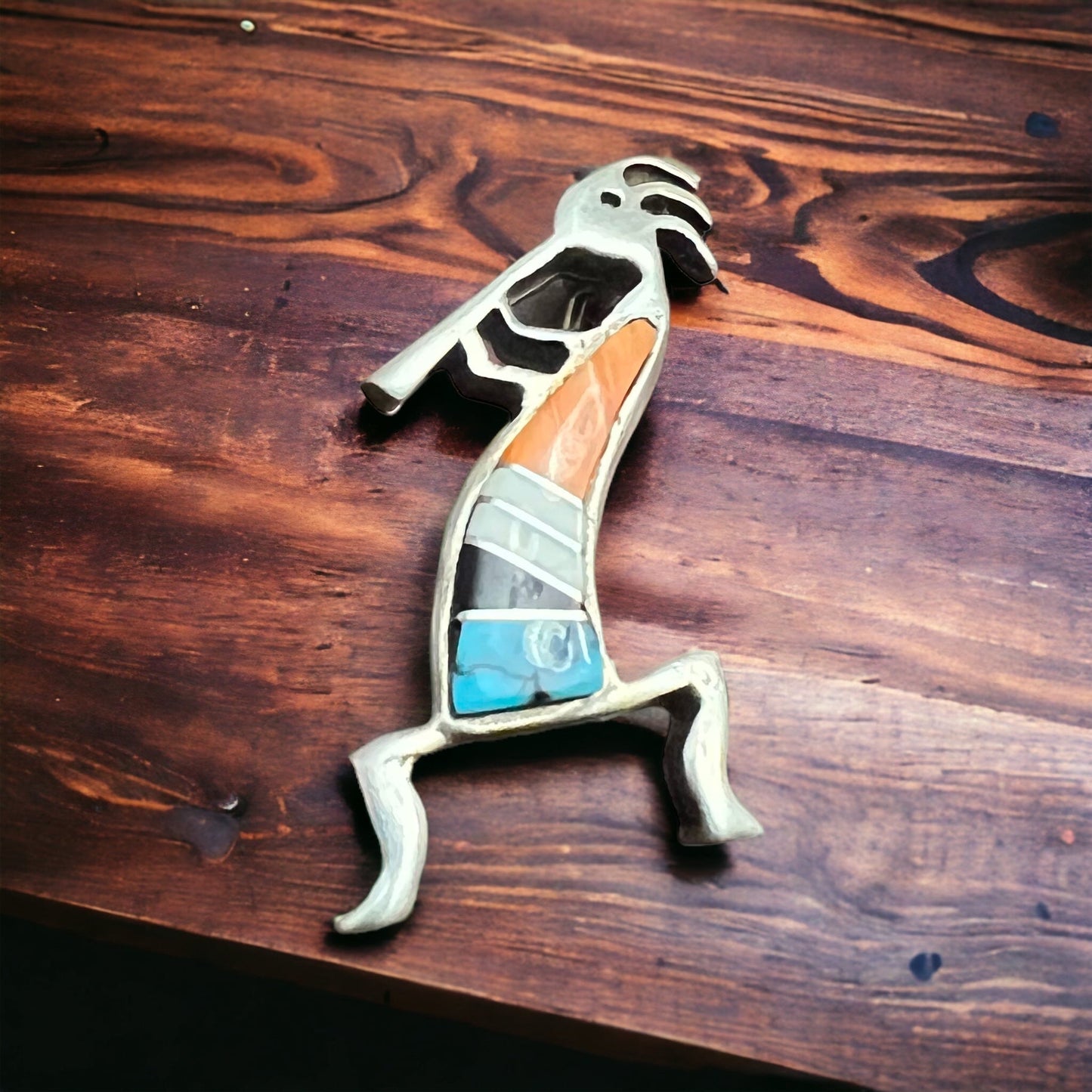 Zuni Sterling Silver Kokopelli Inlay Brooch — Signed by Artist (Clearance)