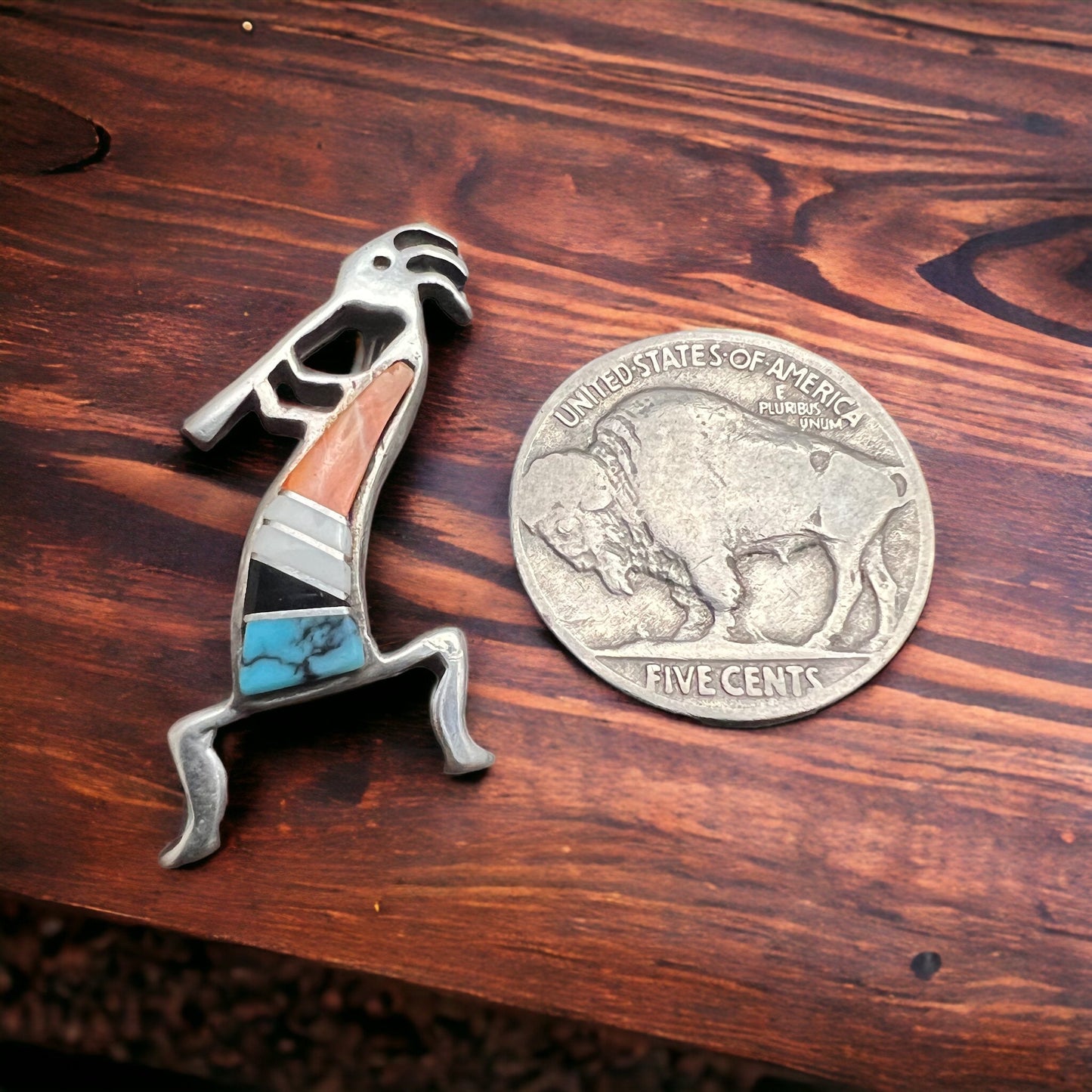 Zuni Sterling Silver Kokopelli Inlay Brooch — Signed by Artist (Clearance)