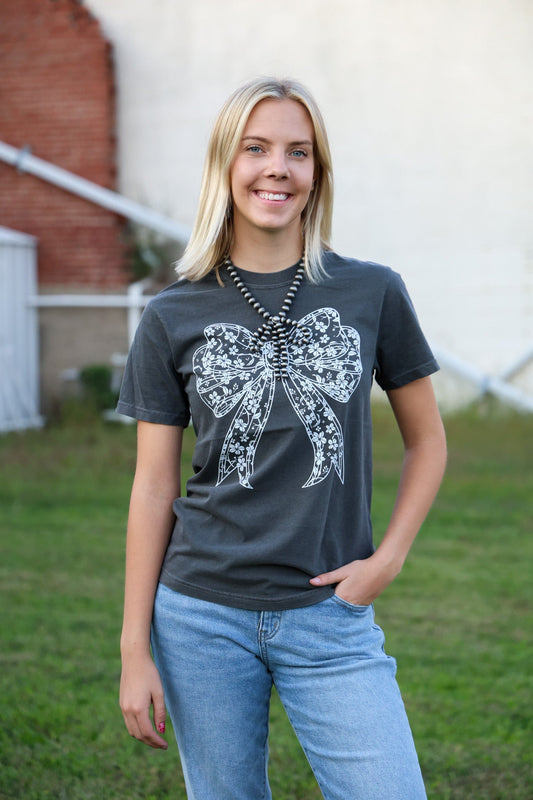 "Lace Bow" Western Graphic Tee — Comfort Colors with Feminine Lace Bow Detail