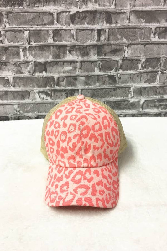 Pink Leopard Print Baseball Hat with Ponytail Hole — Stylish Western Statement Cap