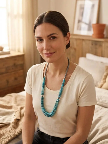 Light Blue Turquoise Graduated Necklace with 8mm Sterling Pearl & Hematite — 23 inch