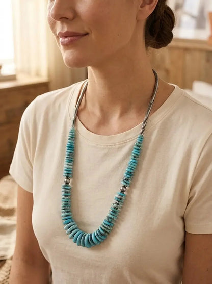 Light Blue Turquoise Graduated Necklace with 8mm Sterling Pearl & Hematite — 23 inch
