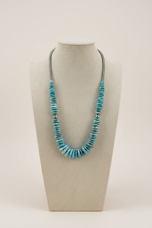 Light Blue Turquoise Graduated Necklace with 8mm Sterling Pearl & Hematite — 23 inch