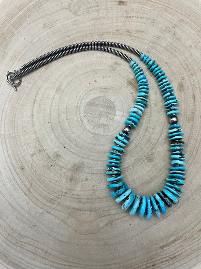 Light Blue Turquoise Graduated Necklace with 8mm Sterling Pearl & Hematite — 23 inch