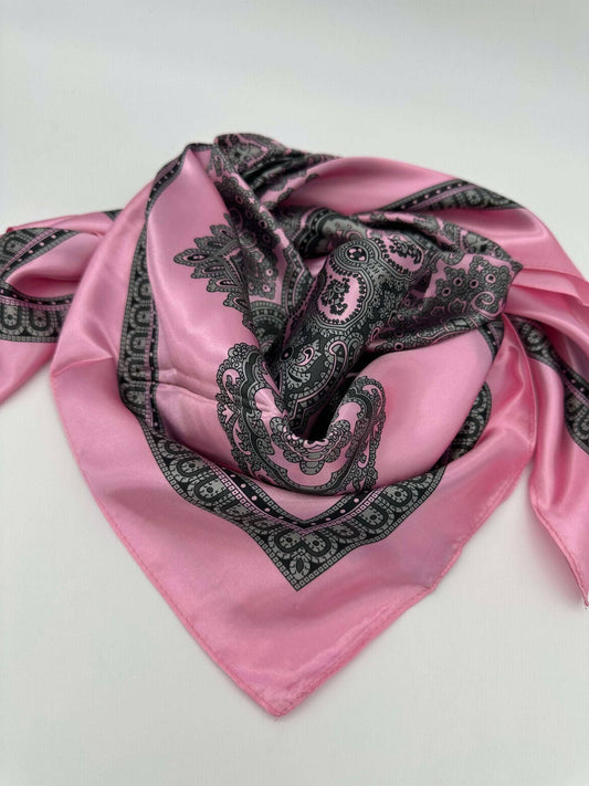 Light Pink Geo Border Wild Rag — 36" Poly Satin Playful Western Scarf