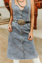 LUCKY & BLESSED Light Wash Western Stretch Denim Button-Down Maxi Dress — V-Neck with Adjustable Straps & Side Pockets