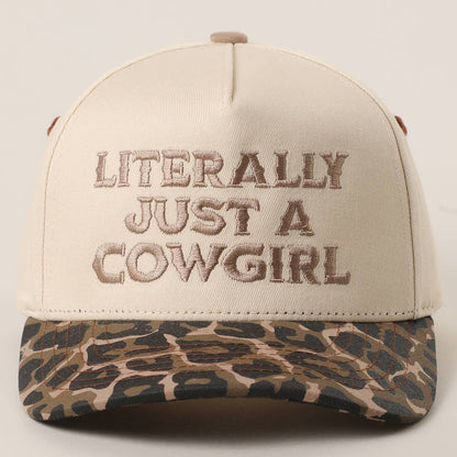 "Literally Just a Cowgirl" Leopard Brim Trucker Hat — Cream Front with Bold Embroidery (Multiple Thread Colors)