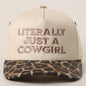 "Literally Just a Cowgirl" Leopard Brim Trucker Hat — Cream Front with Bold Embroidery (Multiple Thread Colors)