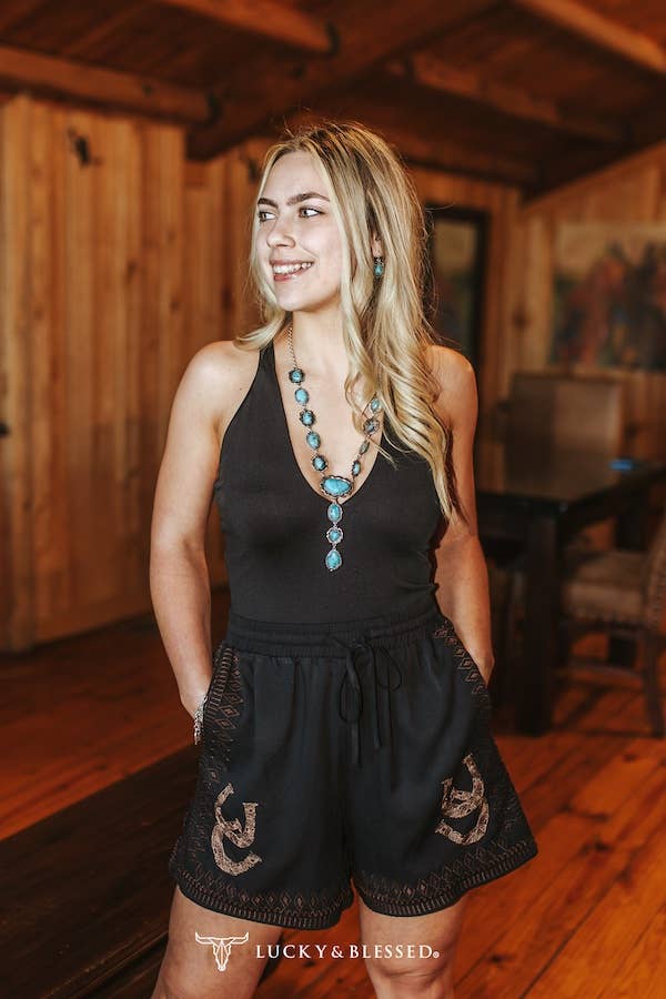 LUCKY & BLESSED "Lucky" Black Western Embroidered Drawstring Shorts — Elastic Stretch Waist with Side Pockets (large remains)
