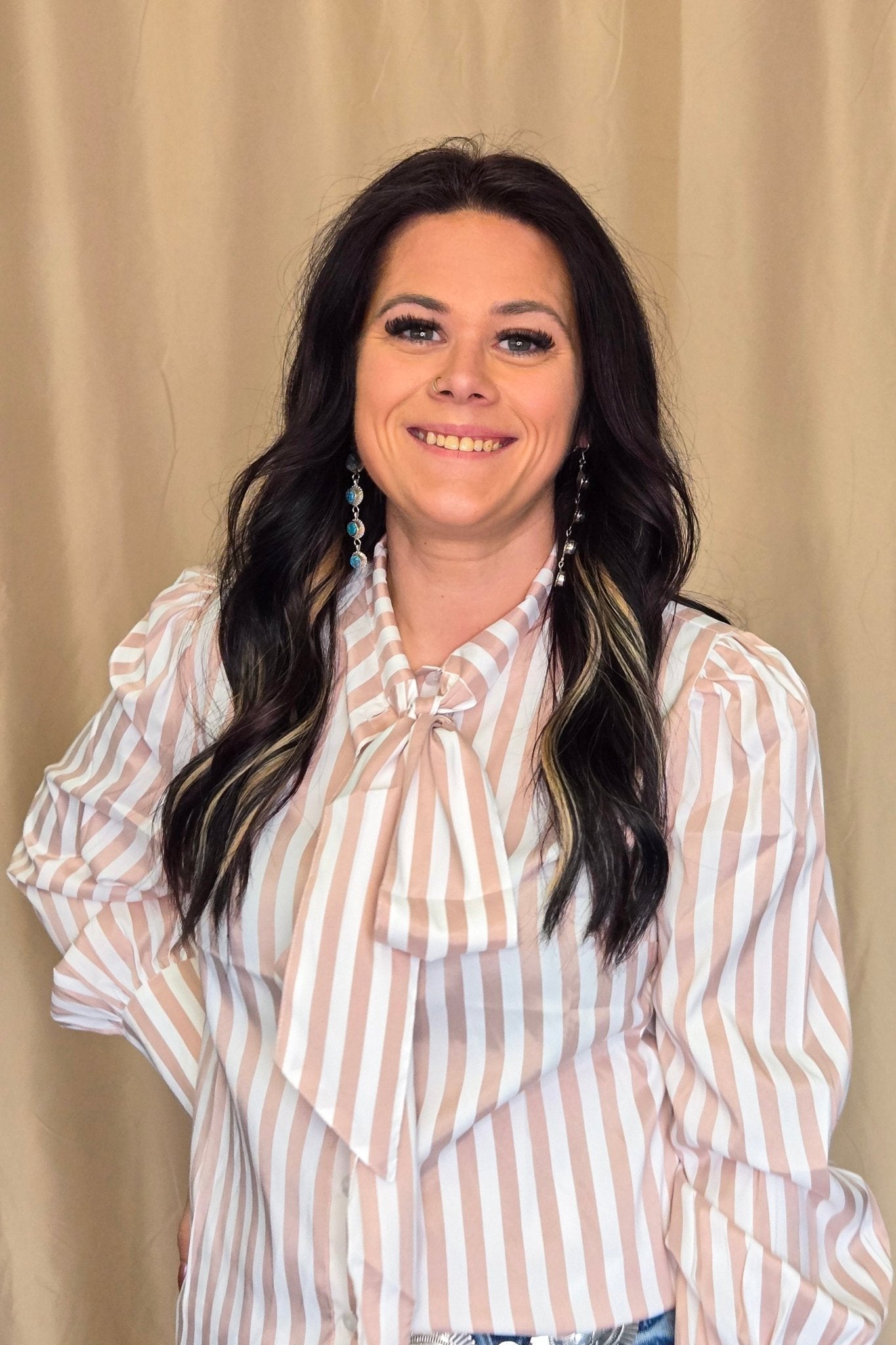 Crazy Consuela "Howdy Hanny" Mauve Stripe Long Sleeve Western Bow Tie Top — Feminine Tie-Front Silhouette (small remains)
