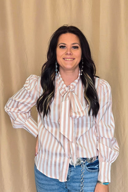 Crazy Consuela "Howdy Hanny" Mauve Stripe Long Sleeve Western Bow Tie Top — Feminine Tie-Front Silhouette (small remains)