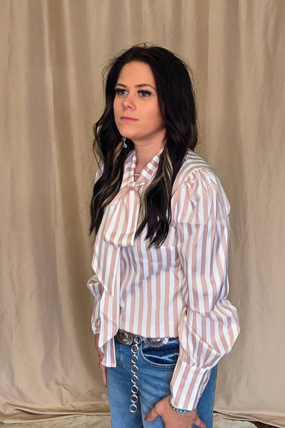 Crazy Consuela "Howdy Hanny" Mauve Stripe Long Sleeve Western Bow Tie Top — Feminine Tie-Front Silhouette (small remains)