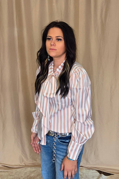Crazy Consuela "Howdy Hanny" Mauve Stripe Long Sleeve Western Bow Tie Top — Feminine Tie-Front Silhouette (small remains)