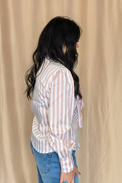 Crazy Consuela "Howdy Hanny" Mauve Stripe Long Sleeve Western Bow Tie Top — Feminine Tie-Front Silhouette (small remains)