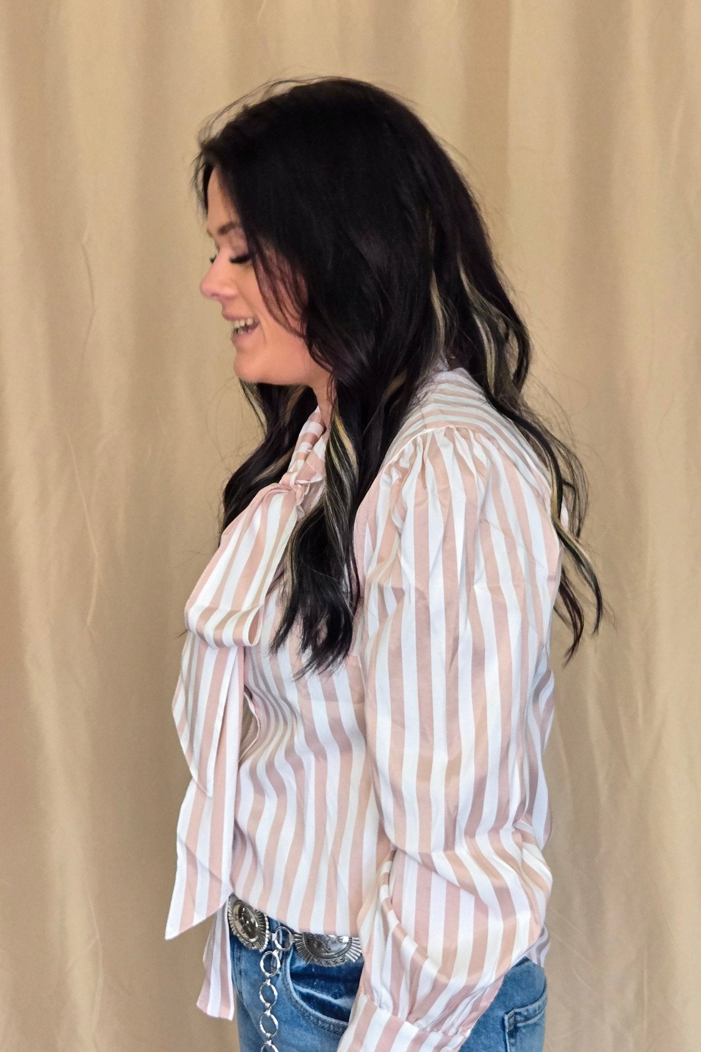 Crazy Consuela "Howdy Hanny" Mauve Stripe Long Sleeve Western Bow Tie Top — Feminine Tie-Front Silhouette (small remains)