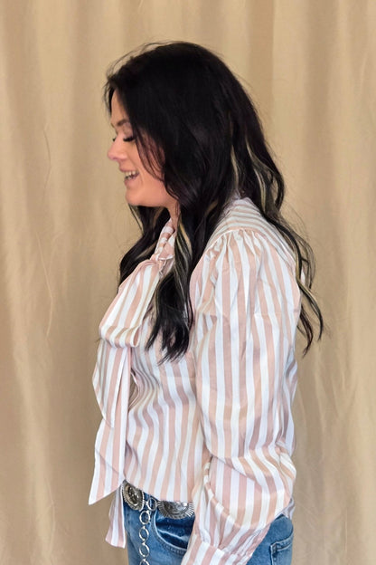 Crazy Consuela "Howdy Hanny" Mauve Stripe Long Sleeve Western Bow Tie Top — Feminine Tie-Front Silhouette (small remains)