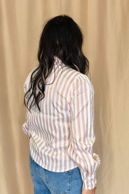 Crazy Consuela "Howdy Hanny" Mauve Stripe Long Sleeve Western Bow Tie Top — Feminine Tie-Front Silhouette (small remains)